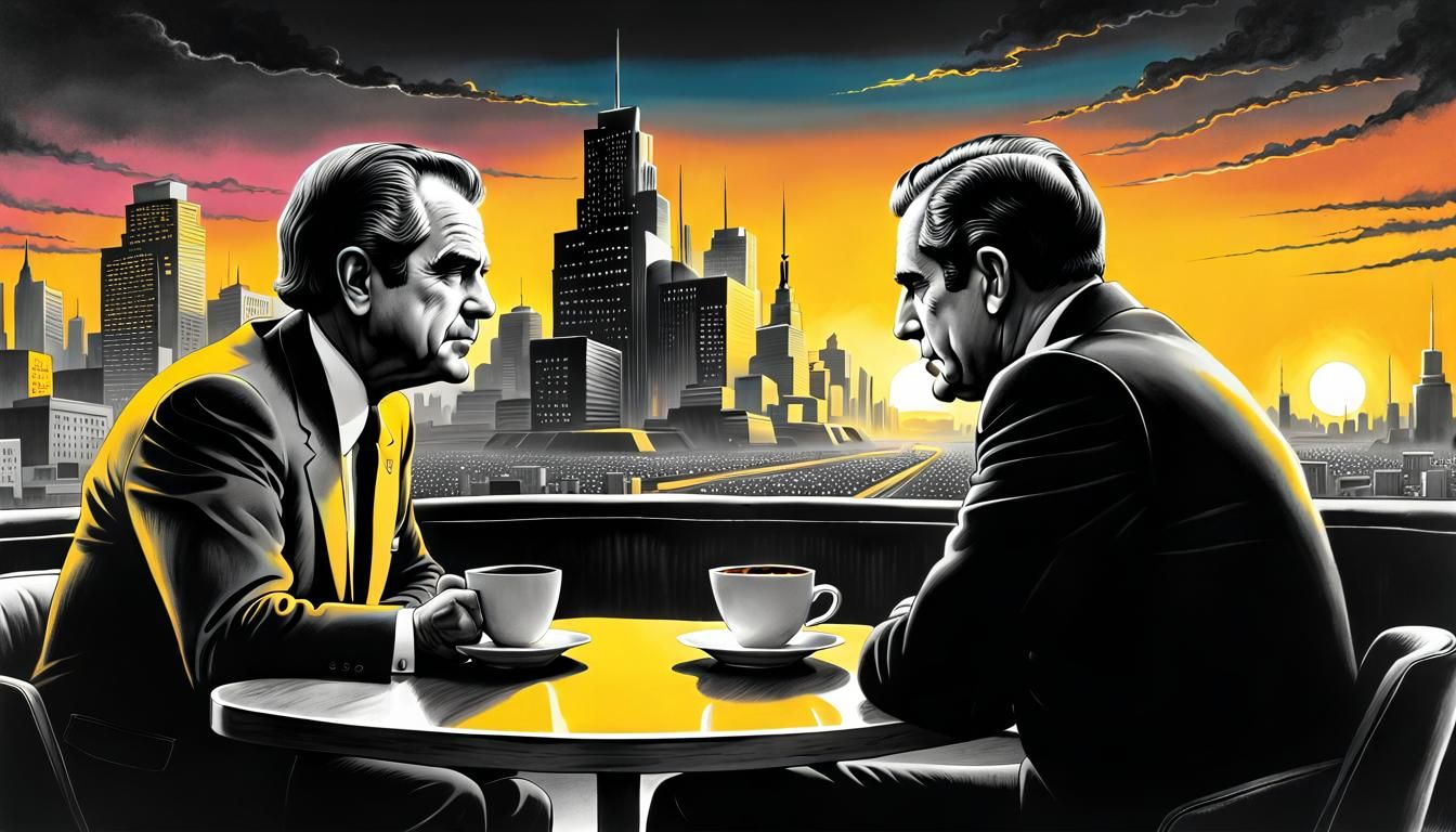Nixon and Hippy Coffee Meeting: Charcoal Cartoon