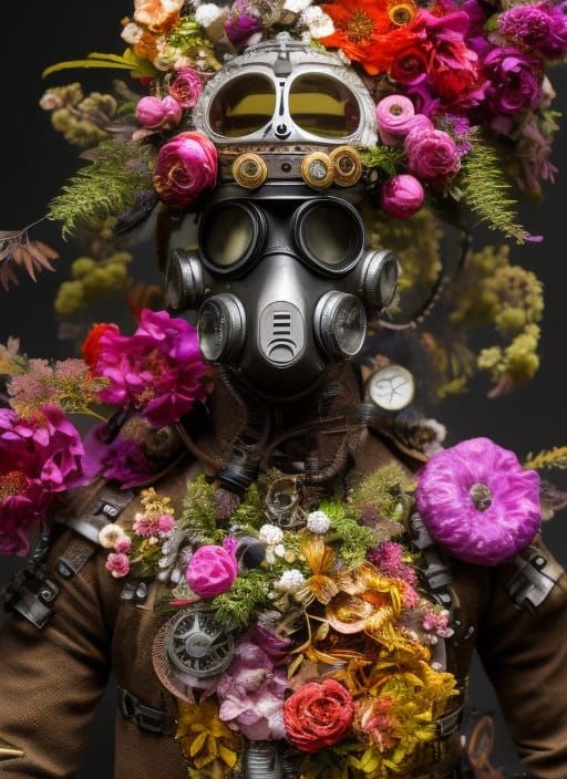 Steampunk Gas Mask Man Made of Flowers