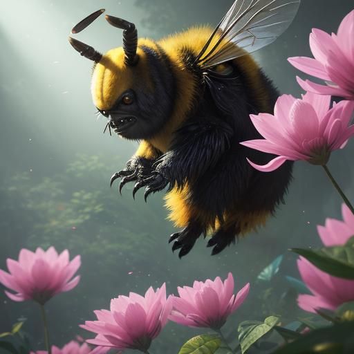Giant Glowing Bee in a Surreal Flower Garden
