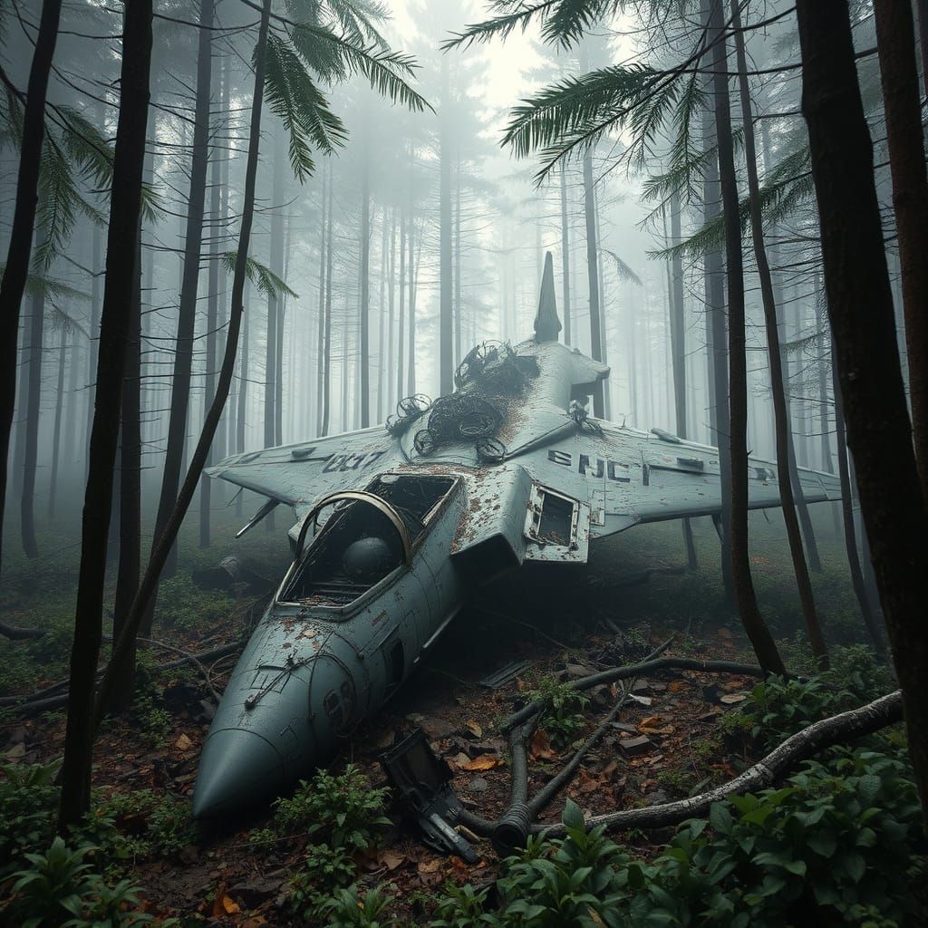 Decaying Jet Fighter in a Misty Forest