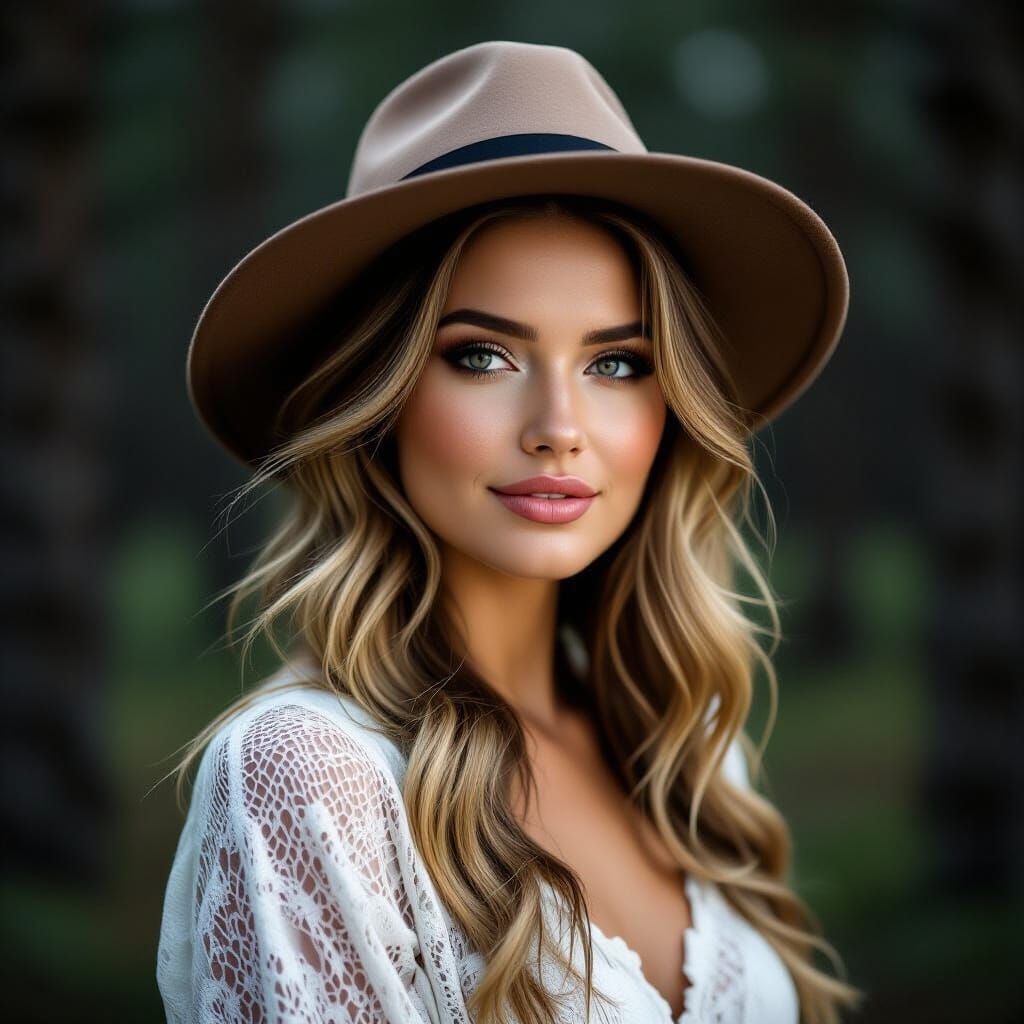 Beautiful Woman in Dark Forest Portrait