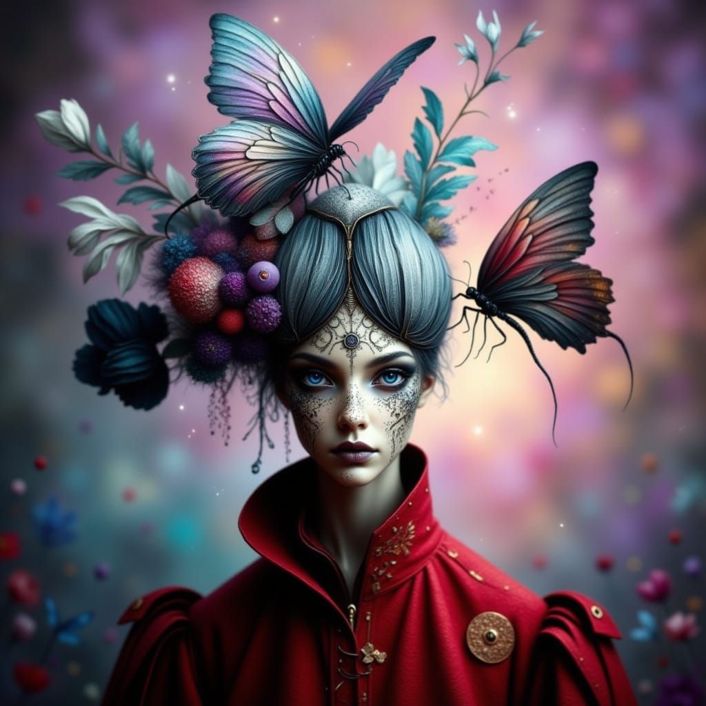 Earthy Creature with Tulips in Mixed Media Style