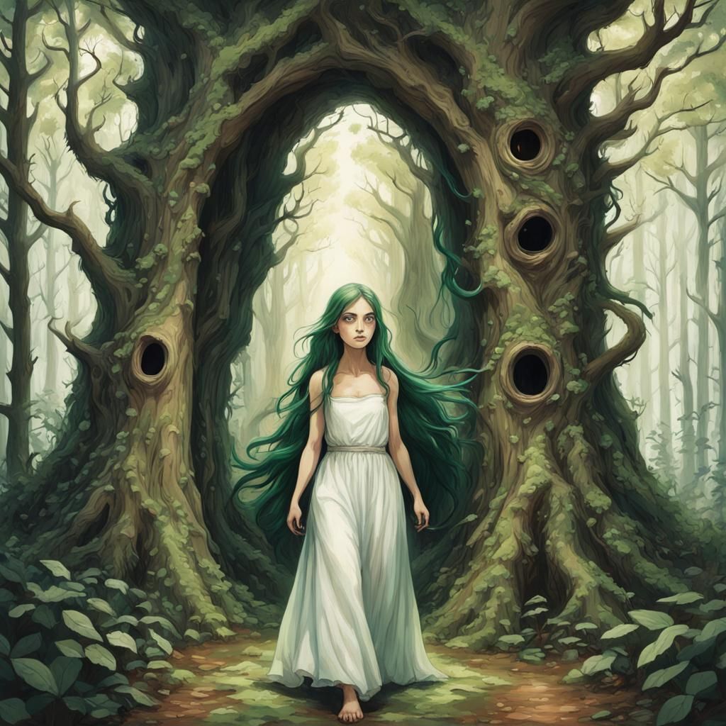 Elven Woman in Magical Forest Home