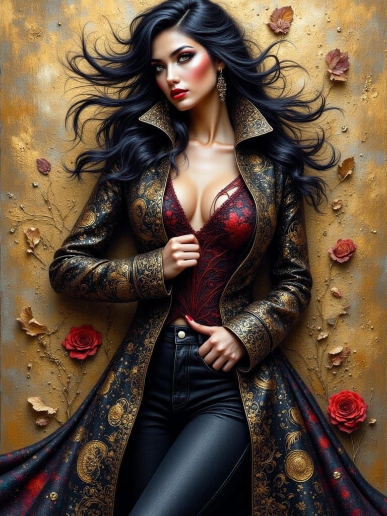 Encaustic Painting of Woman with Black and Gold Jacket