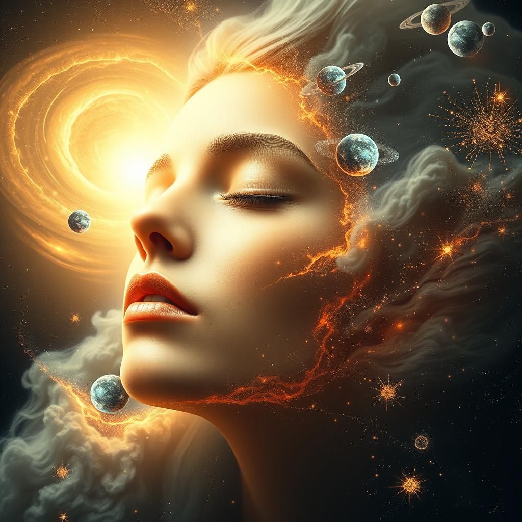 Celestial Woman: Face in Space with Golden Cracks