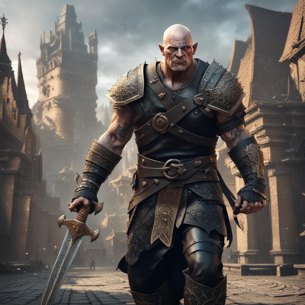 Fantasy Goliath Barbarian with Sword and Cityscape