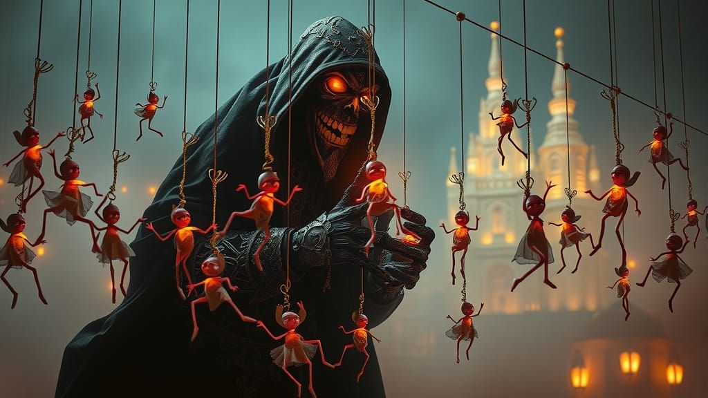Ominous Puppet Master in Dark Fantasy Landscape