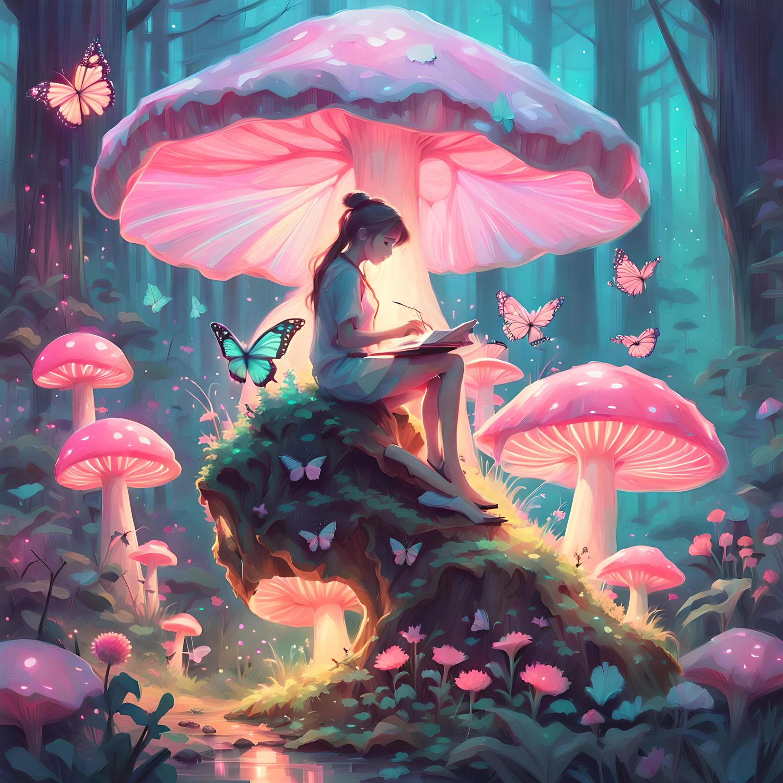 Fairy on Glowing Mushroom in Pastel Fluorescent Colors