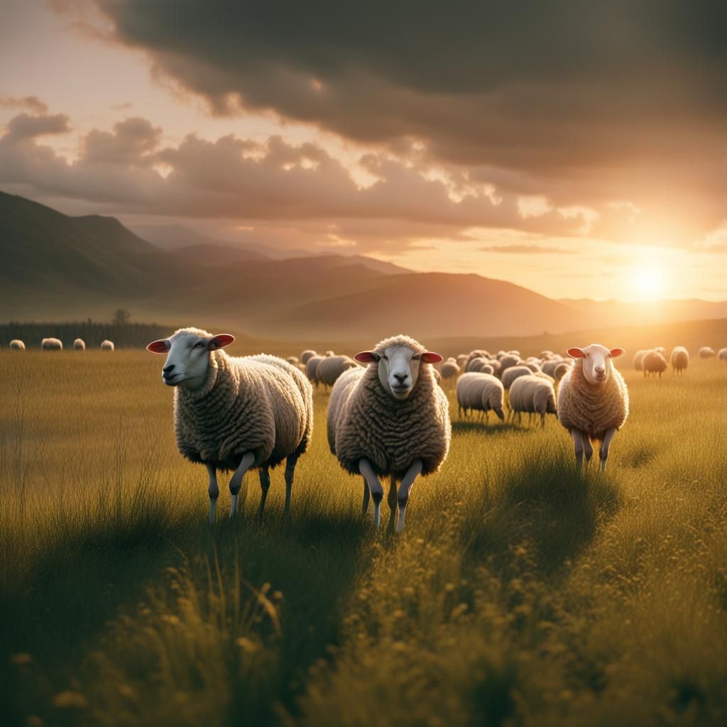 Sheep Grazing in a Field at Sunset
