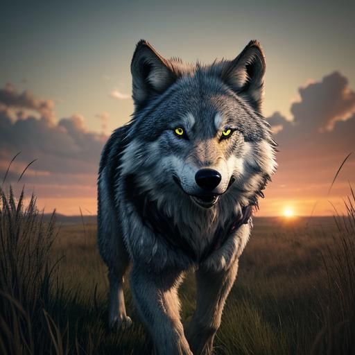 Epic Gray Wolf in Sunset Grassland, Digital Art