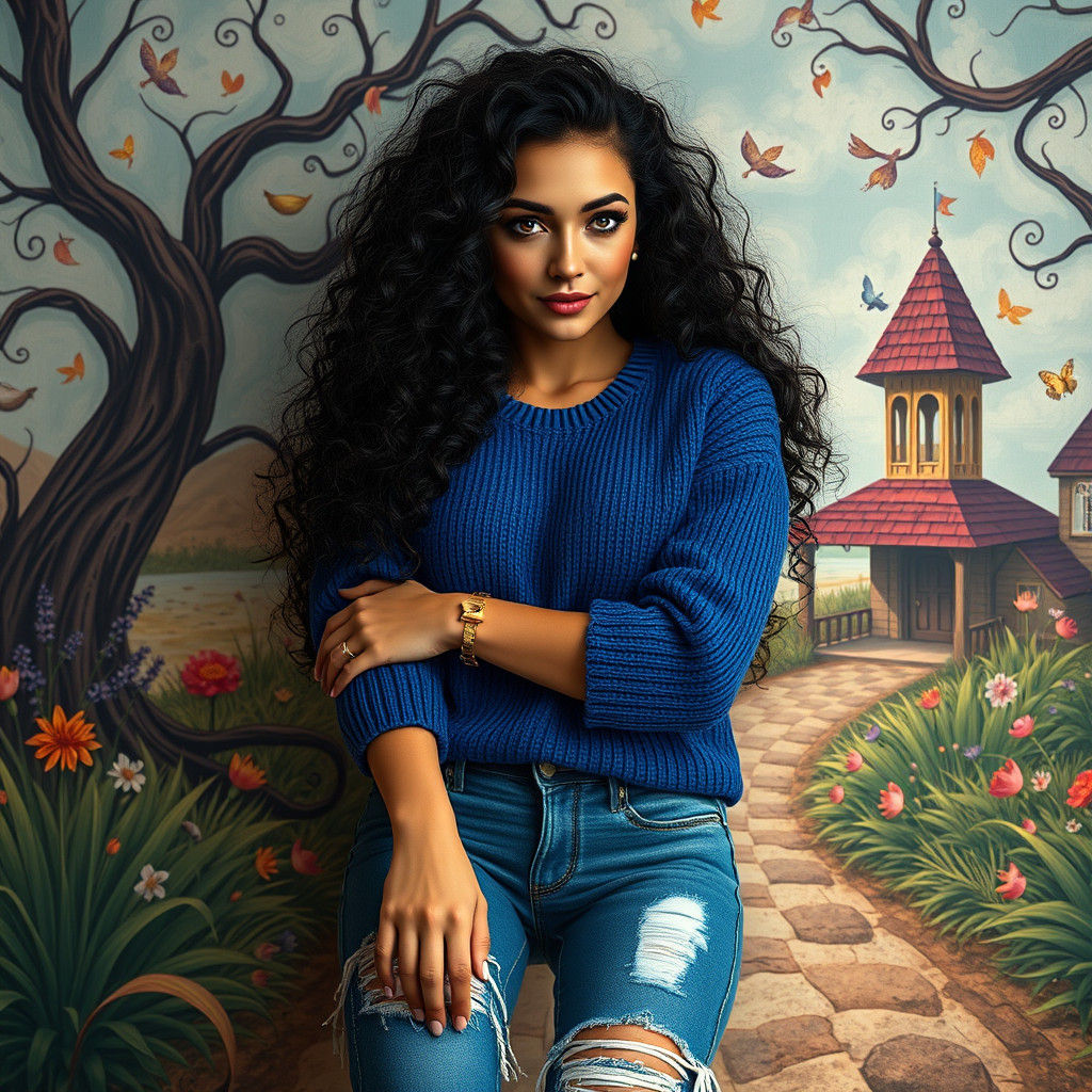 Beautiful Woman in Blue Sweater, Digital Matte Painting