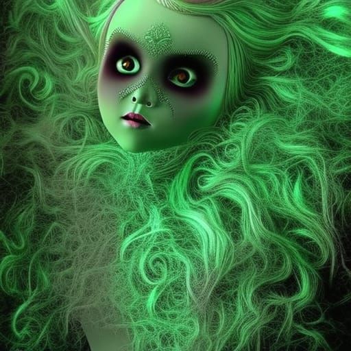 haunted doll, emerald green eyes, sally nightmare before christmas, style of Tim Burton, intricately detailed, tetradic ...