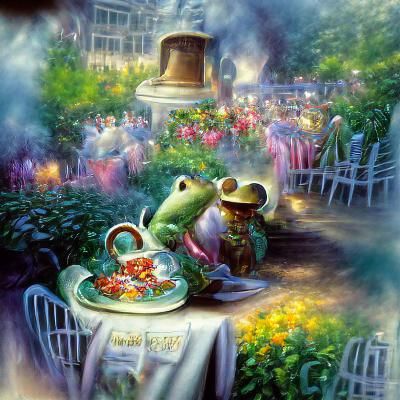 Frog and Mouse Tea Party in Garden, Kinkade Style