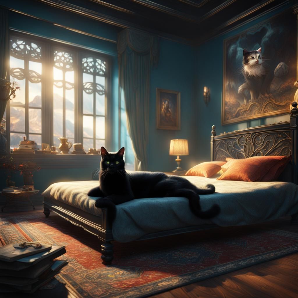 Playful Black Cat on Bed: Detailed Matte Painting