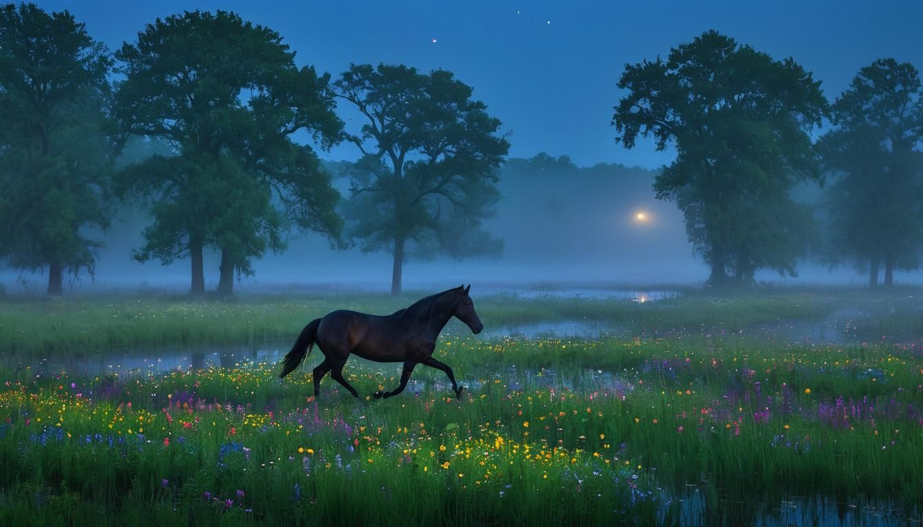 Enchanted Marsh: Ebony Horse, Fireflies, and Wildflowers at ...