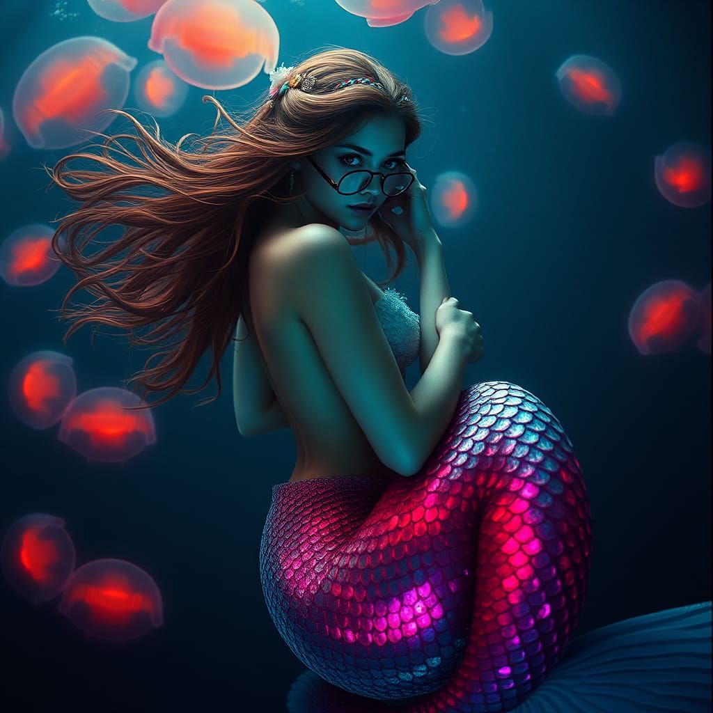 Mystical Mermaid Undersea with Glowing Jellyfish