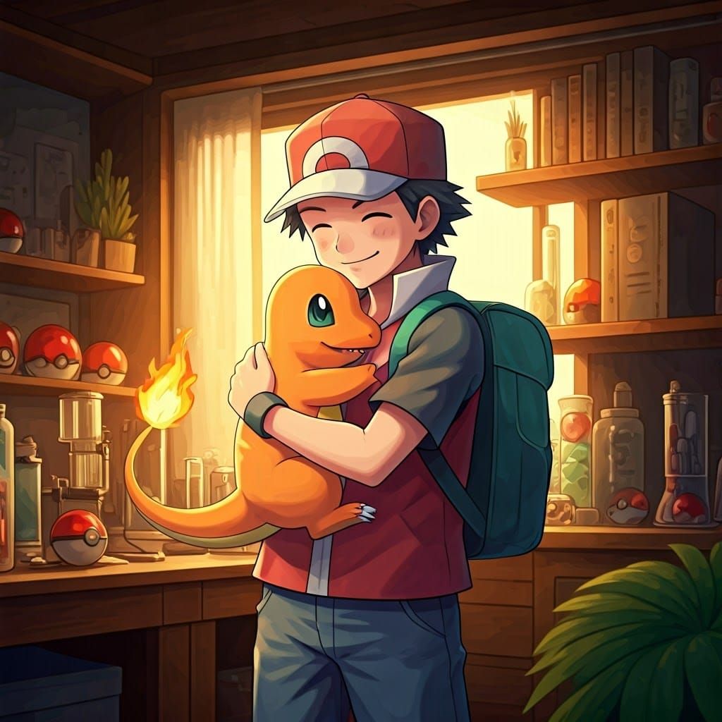 Pokémon Trainer Red and Charmander, Anime Style