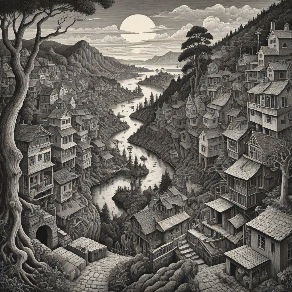 Escher-Inspired Cityscape with Distorted Perspective