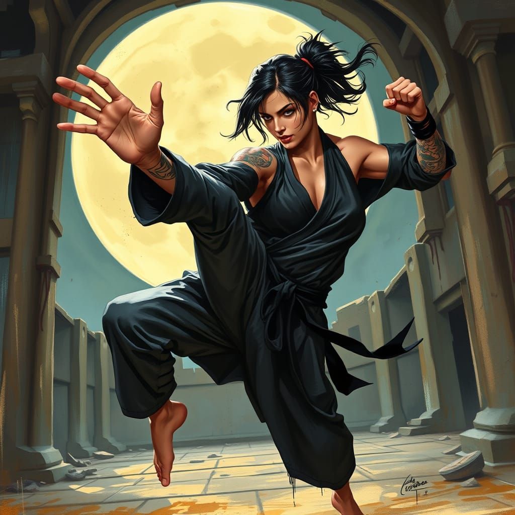 Goth Martial Artist's Flying Kick in Frazetta Style