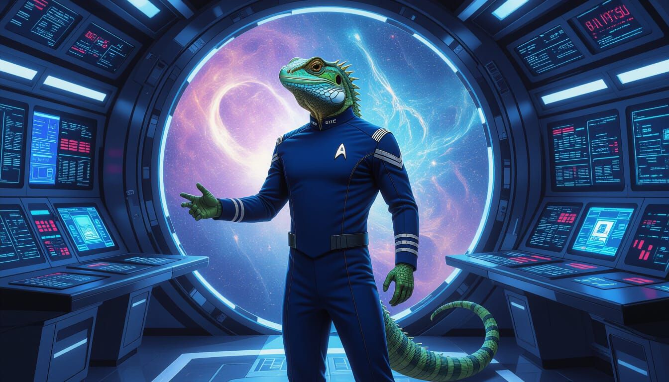 Lizard Starfleet Officer in Vibrant Cosmic Setting