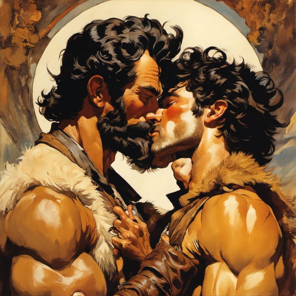 cowboys kissing by Frank Frazetta, Egon Schiele...