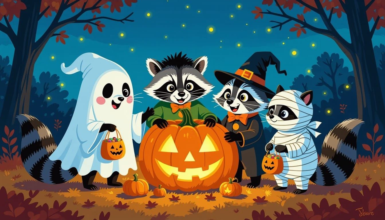 Mischievous Raccoons Celebrate Halloween in Pumpkin Patch
