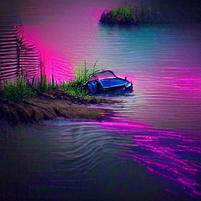 Abandoned Car Near River in Synthwave Style