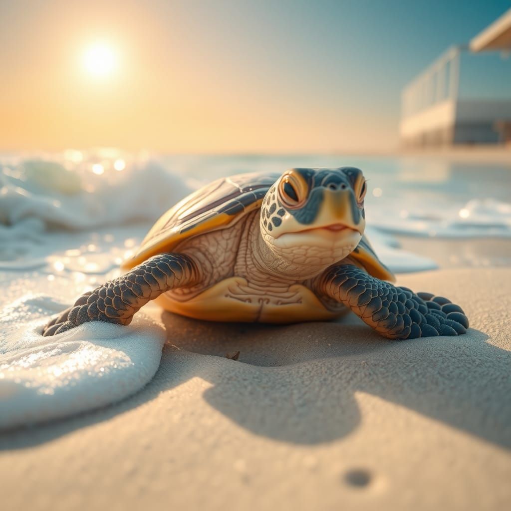 Happy Smiling Turtle on a Sunny Beach