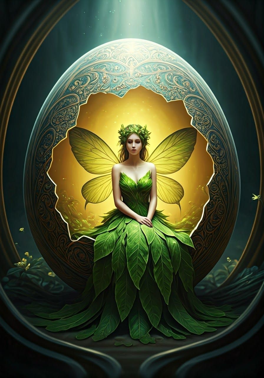 Forest Fairy in Eggshell, Tenebrism Art Nouveau