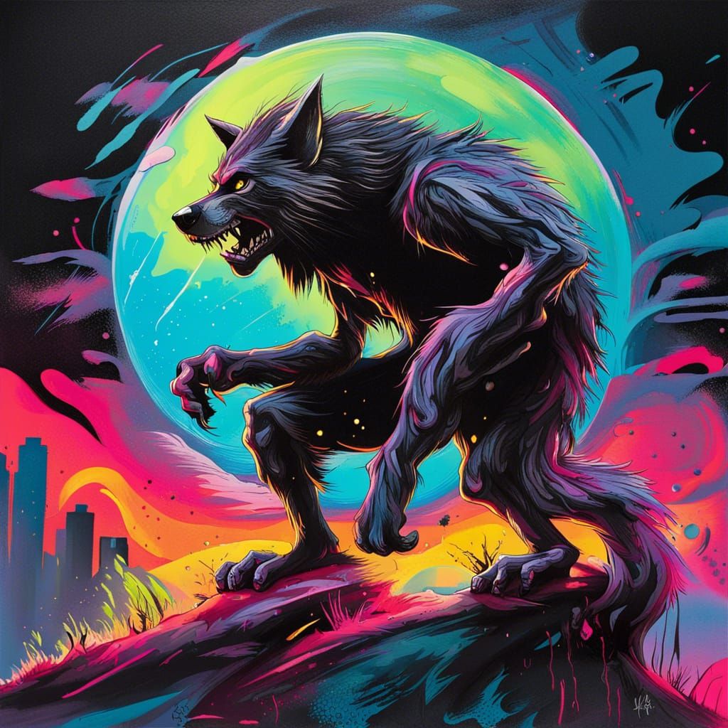 Werewolf Silhouette in Graffiti Street Art Style