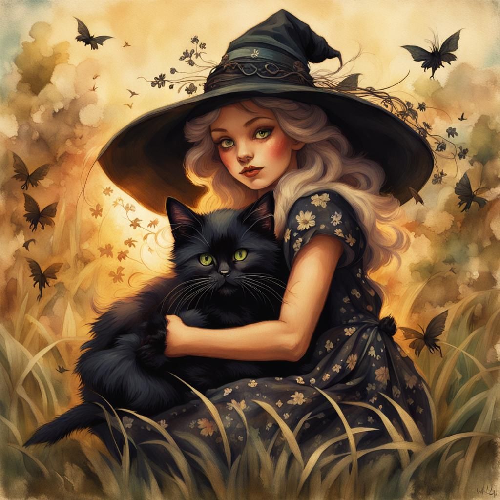 Whimsical Witch Fairy with Kitten, Gil Elvgren Style