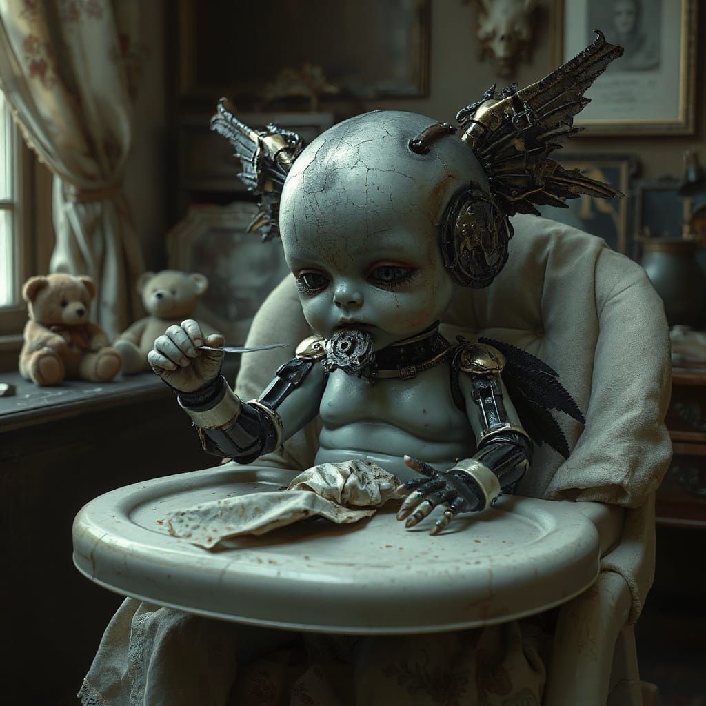 Gothic Cyborg Baby in Dimly Lit Nursery
