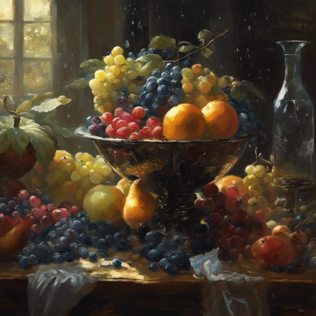 Glistening Fruit Bowl in Elaborate Oil Painting