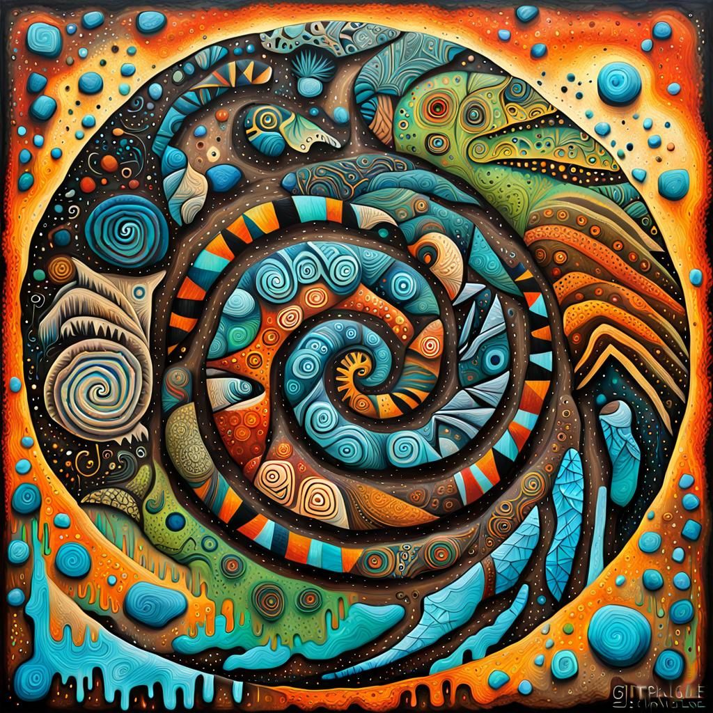 Native American Petroglyph Spiral in Collage Art Style