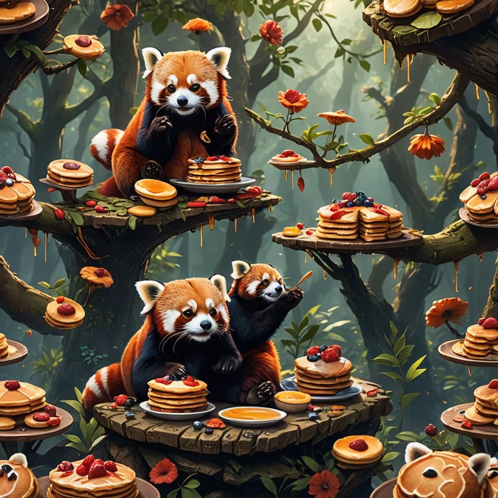 Red Panda Family Breakfast: Pancakes in Detailed Painting