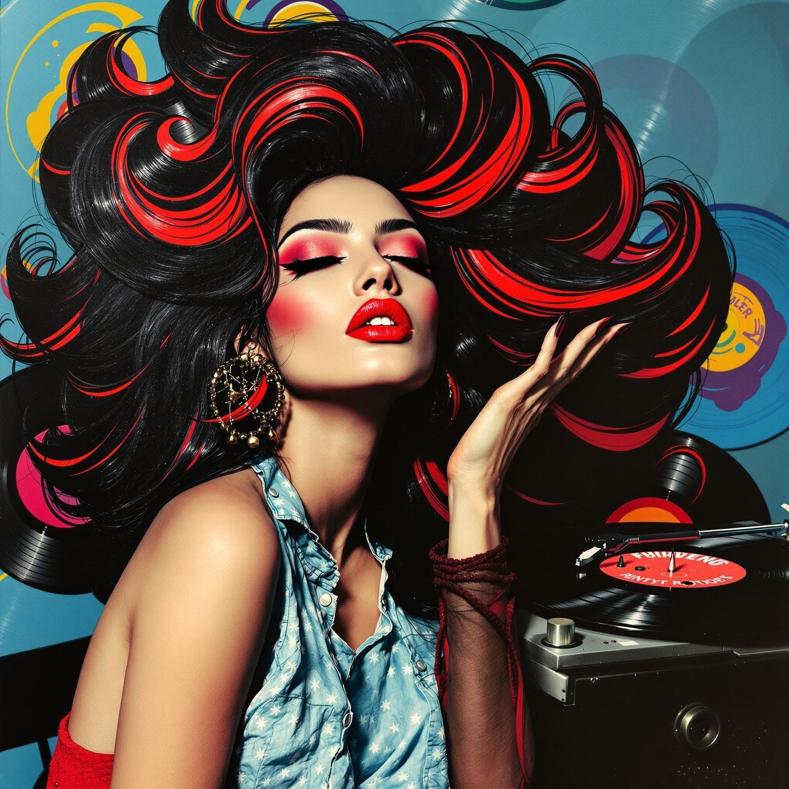 Funk Art Portrait of a Woman Beside a Retro Record Player