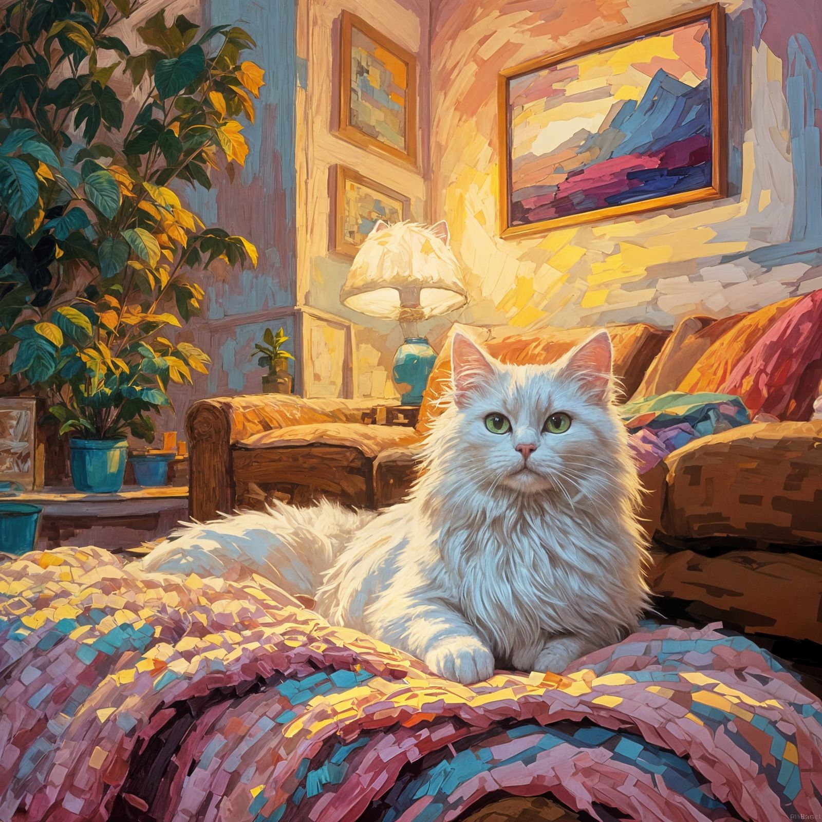 Cozy 80s Cat Napping Scene in Impasto Style