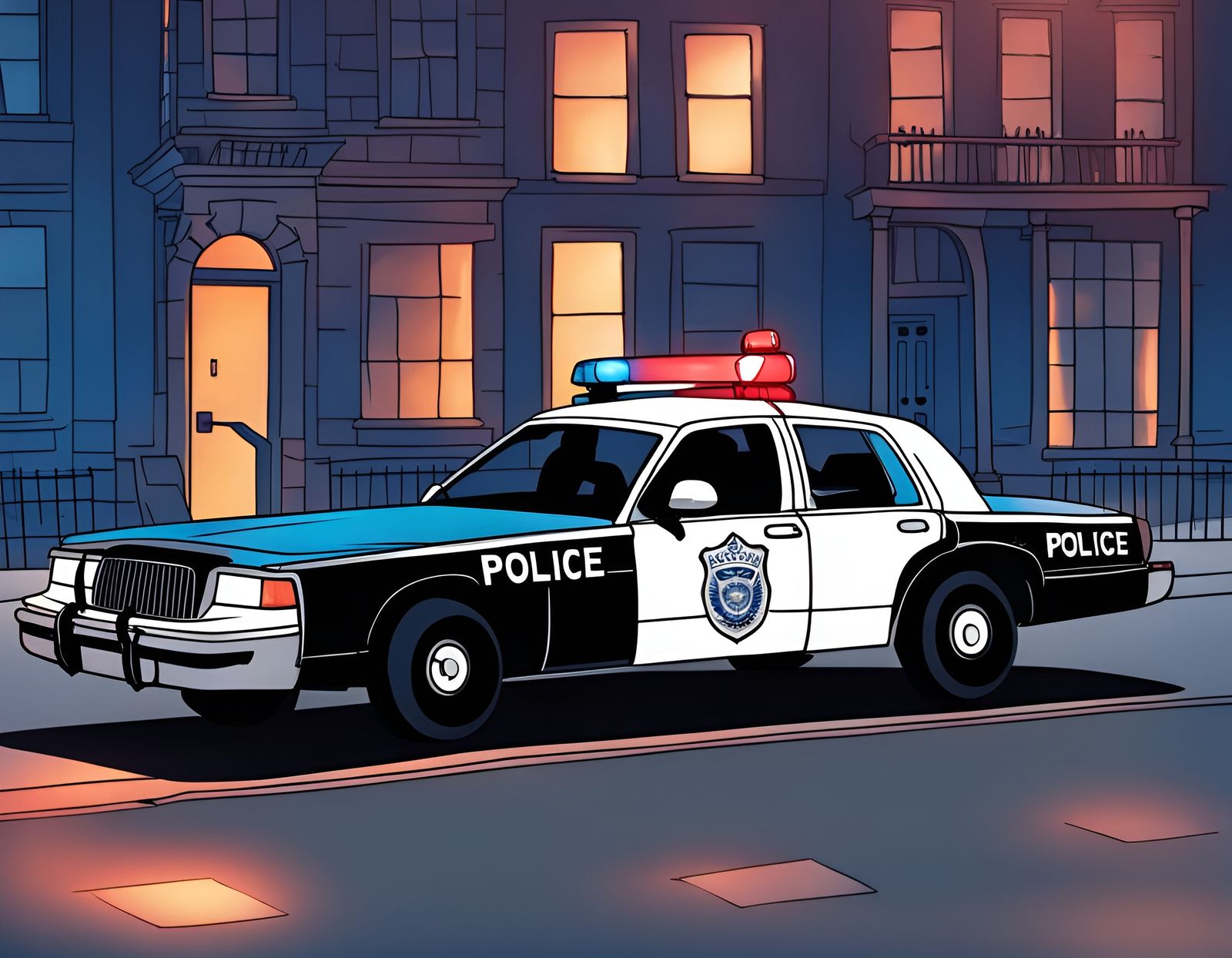 Police Car with Blue Lights on City Street