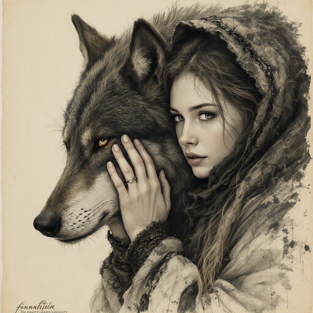 Finnish Woman Embracing Wolf: Medieval Charcoal Drawing