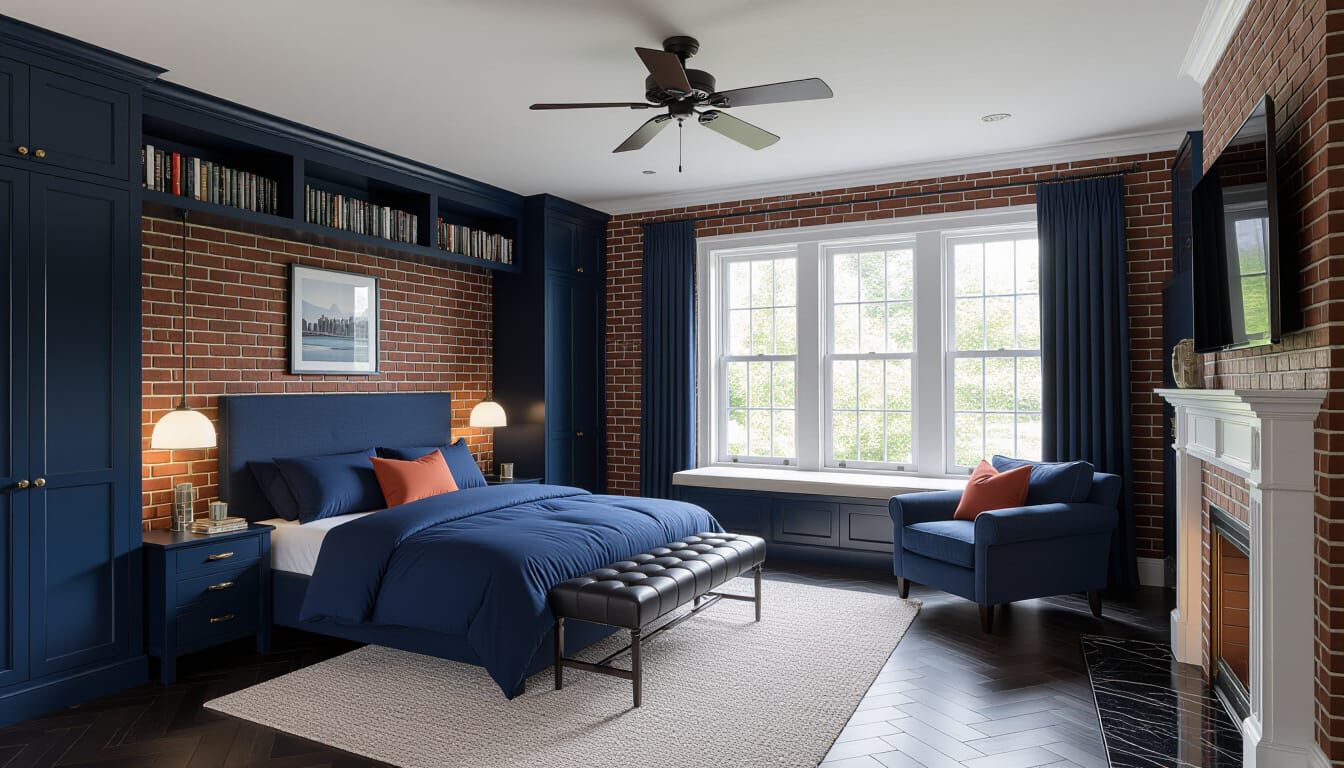 Victorian Bedroom Design with Navy Blue and Brick Accents