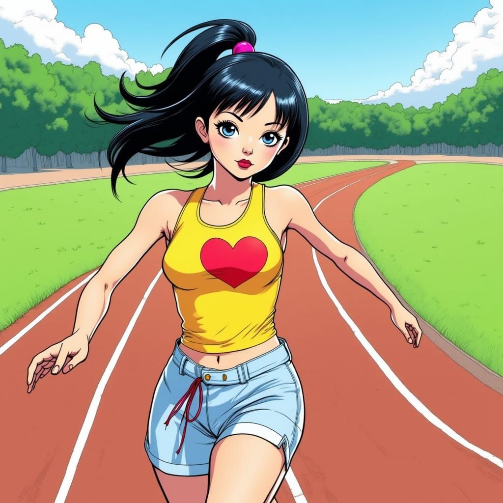 Anime Girl on Running Track in Shonen Style