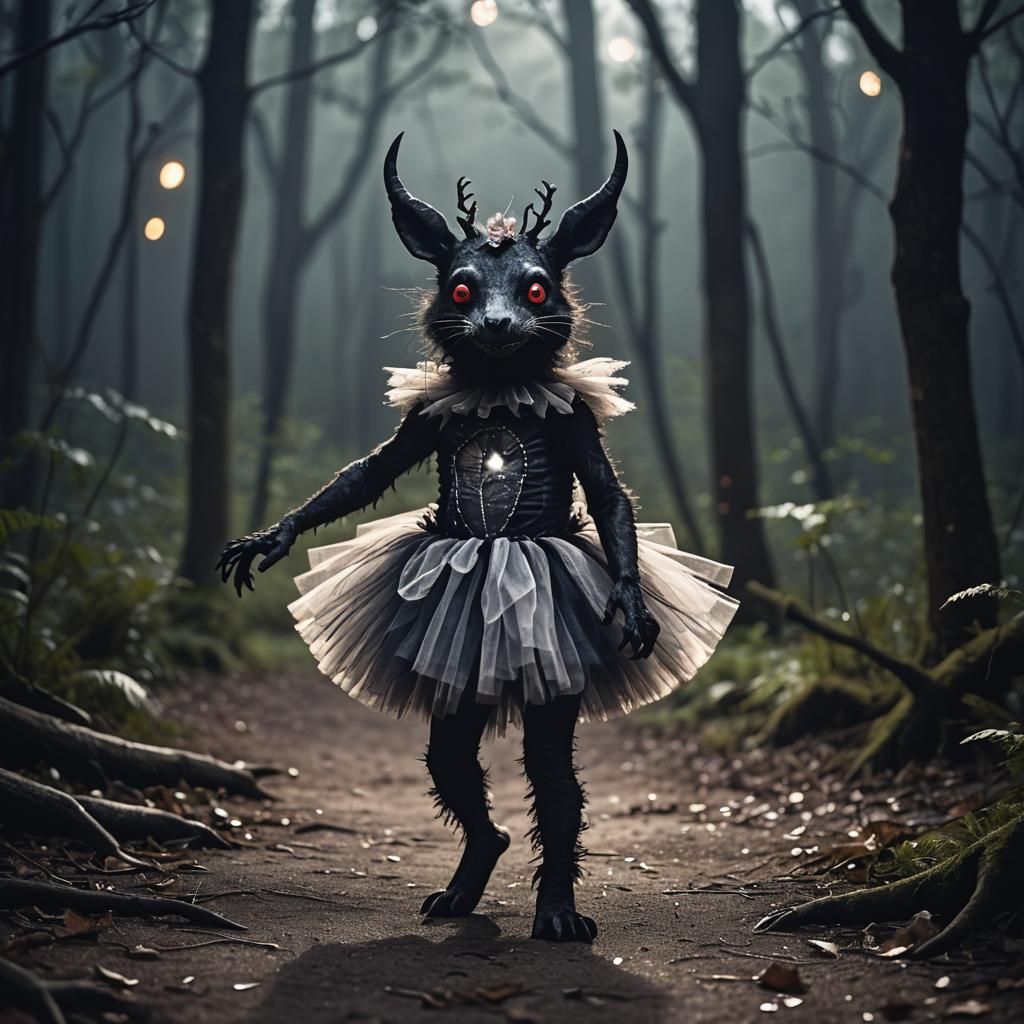 Eerie Chupacabra Ballerina in Moonlit Forest