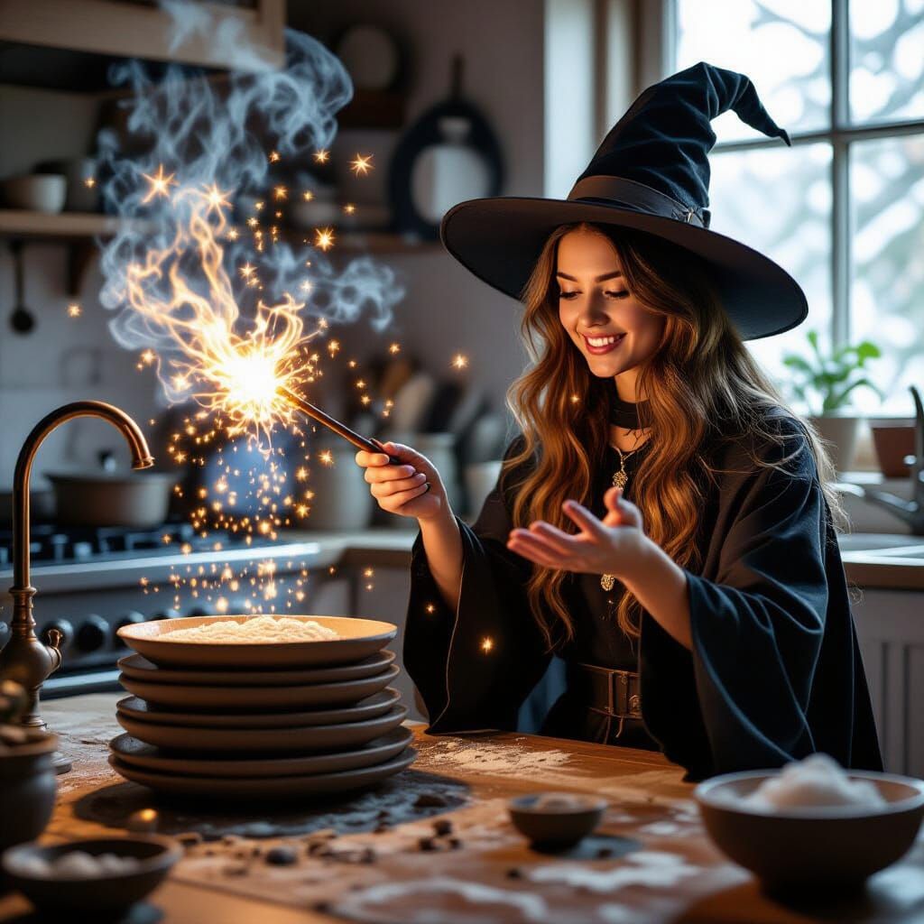 Young Witch Cleans Floating Plates with Magic