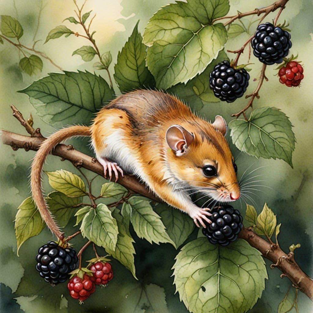 Dormouse Munching Blackberry in Watercolour Style