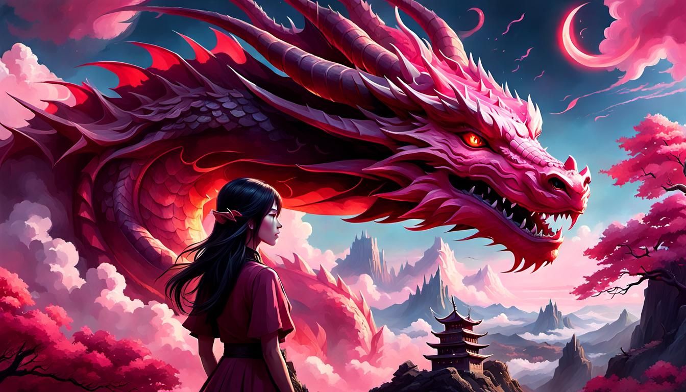 Girl and Dragon Fantasy Art in Pink and Red
