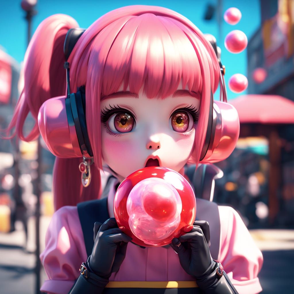 Hyperrealistic Anime Art of a Girl Blowing Bubblegum
