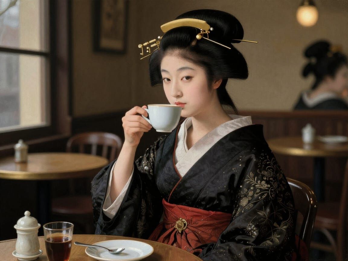 Japanese Woman Drinks Coffee in Renaissance Style