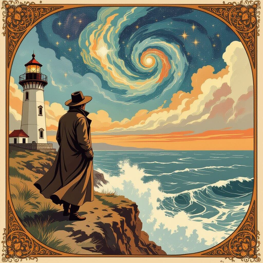 Lighthouse Keeper Gazing at Cosmic Sea in Art Nouveau Style