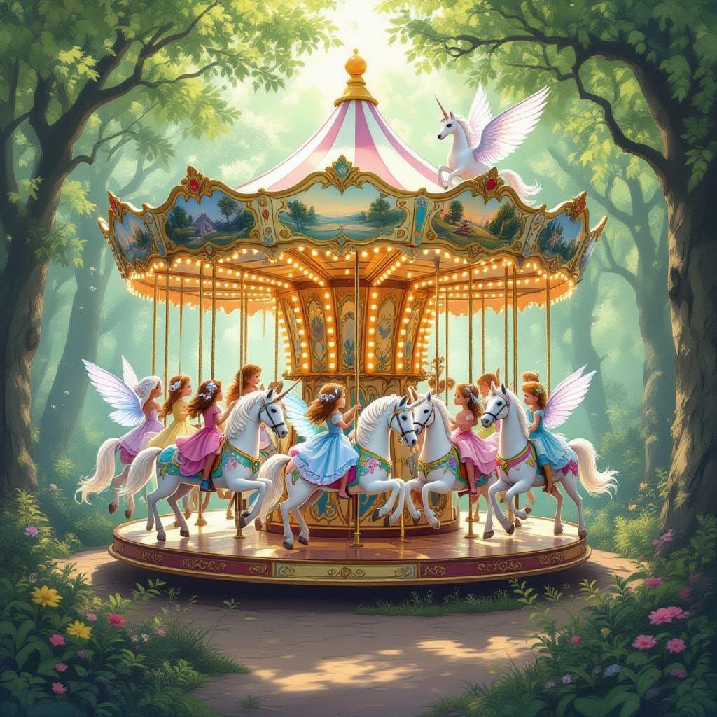 Fairy Children on a Mythical Forest Carousel