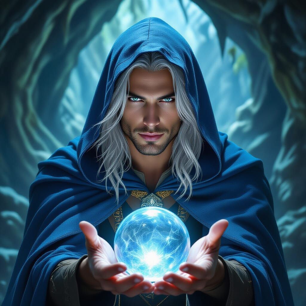 Enchanting Wizard with Crystal Ball in Fantasy Cave